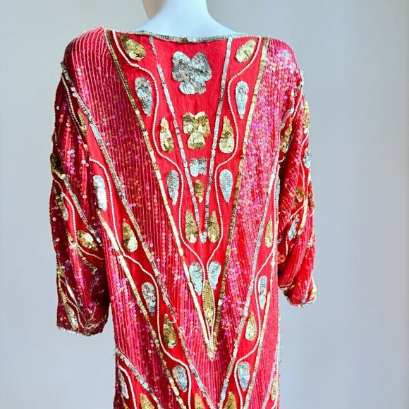 Vintage Red Silk Beaded Embroidered Long Sleeve Sheath Dress S/M - Picture 7 of 13